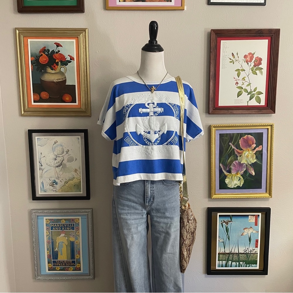 Vintage Blue and White Striped Martha’s Vineyard Beach Club Short Sleeve